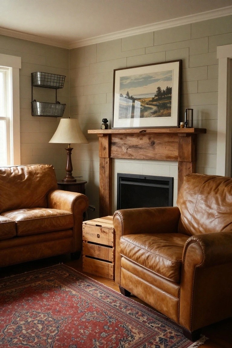 Cozy living room interior with light gray shiplap walls, rustic wooden mantel over a black fireplace insert, tan leather sofa and armchair, small wooden crate table, red Persian rug, and lamp on wood floor.