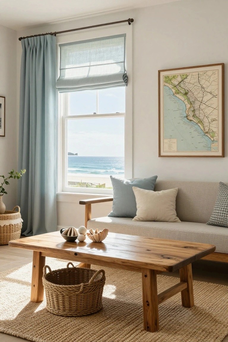 Cozy living room featuring a low rustic wooden coffee table with seashells and ceramics on top, a seagrass basket underneath, light beige sofa with blue and white cushions, large window with blue curtains overlooking ocean and beach, and a coastal map on the wall.