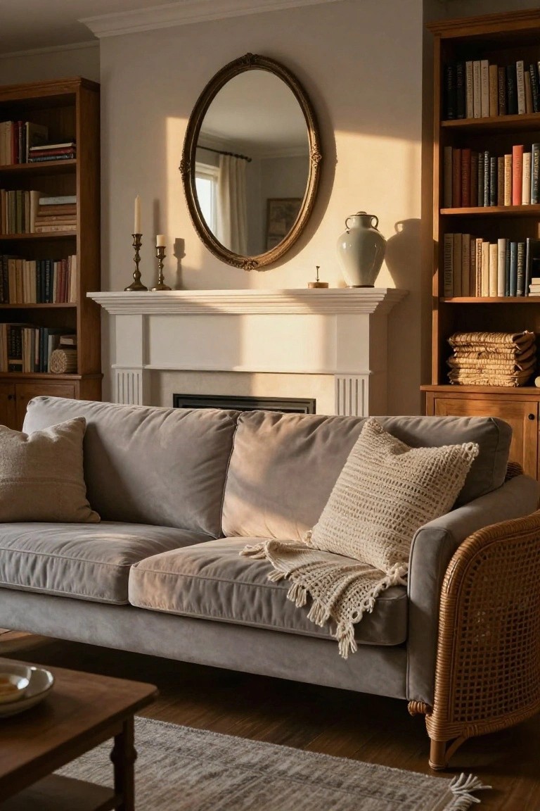 Gray velvet sofa with cream pillows, knit throw, and rattan-wrapped arms in a living room with wooden bookshelves flanking a white fireplace mantel, oval mirror above, candles, vase, and wooden coffee table on a rug.