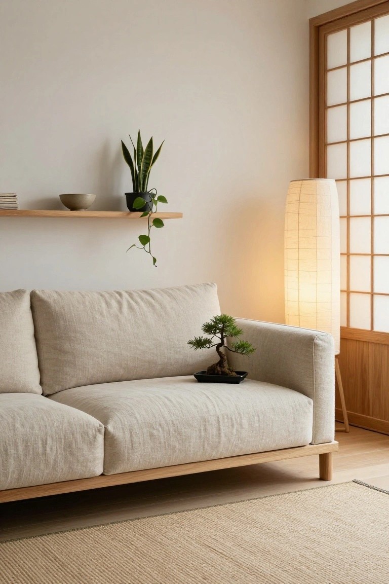 Beige linen sofa with small bonsai pine tree in black tray on armrest, wooden wall shelf holding snake plant, ceramic bowl, and trailing vine, tall rice paper lamp, and shoji screen door in light wood floored room