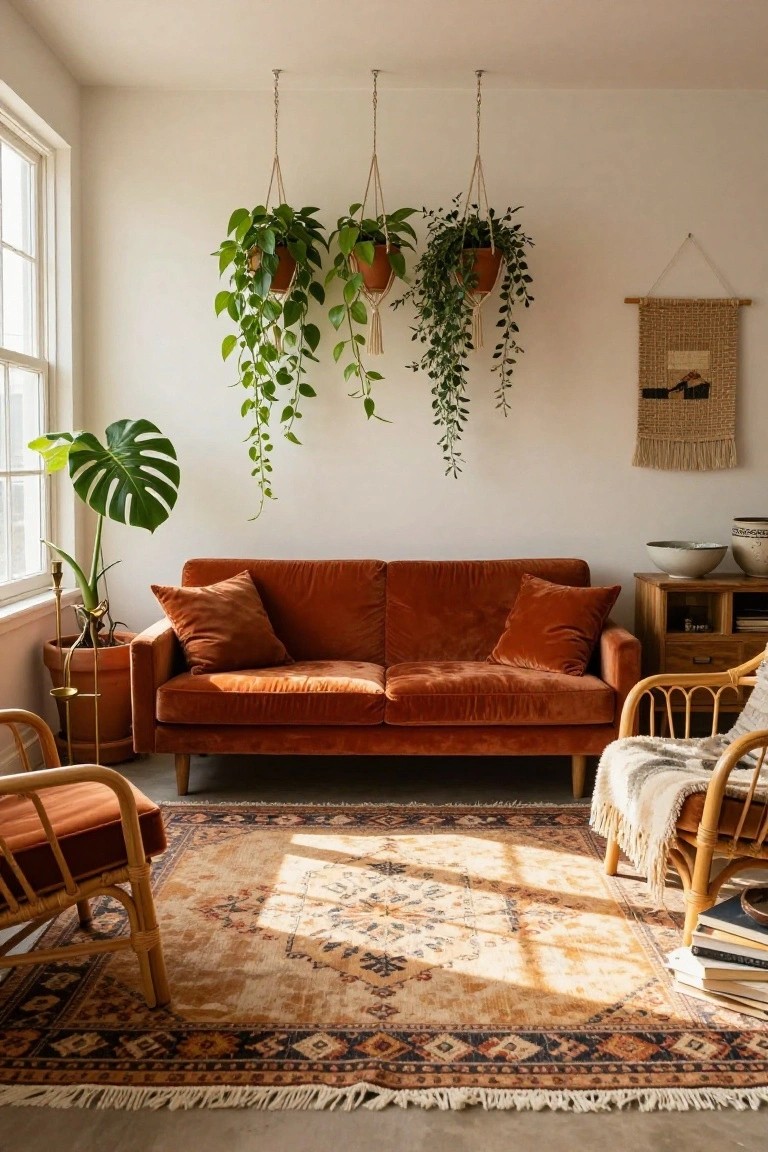 Sunlit living room interior with burnt orange velvet sofa, three hanging macrame planters with trailing green plants, potted monstera, rattan chairs, wooden furniture, patterned rug, and woven wall hanging.