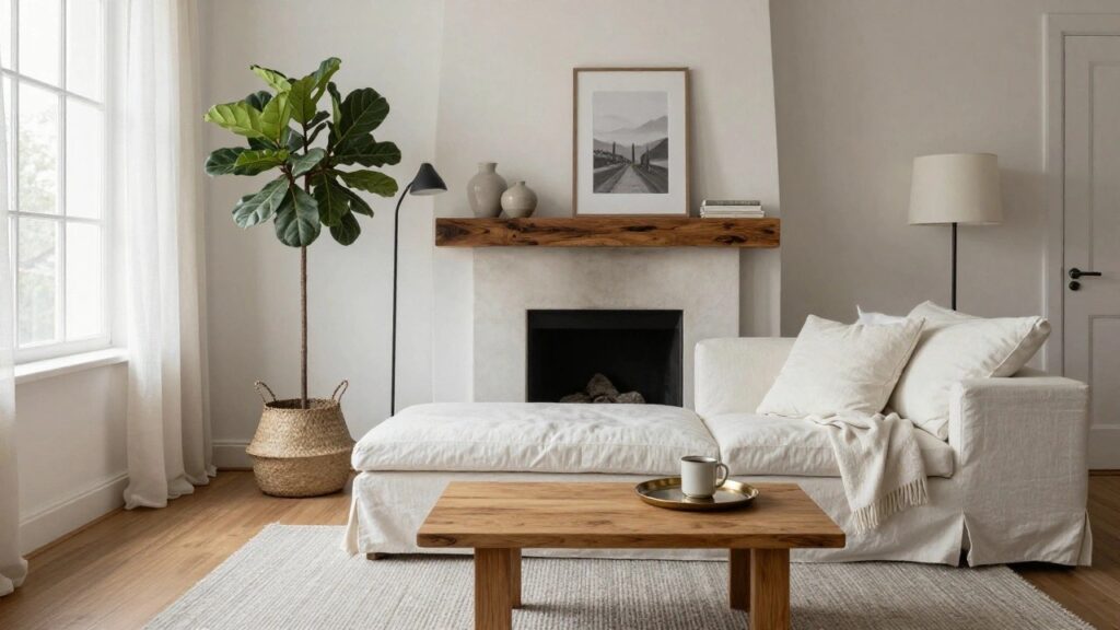 Light-filled living room with white linen-upholstered sofa, beige throw blanket, wooden coffee table holding teacup and saucer, large potted fiddle leaf fig plant beside stone fireplace with wooden mantel, sheer curtains on window, and woven basket on floor.