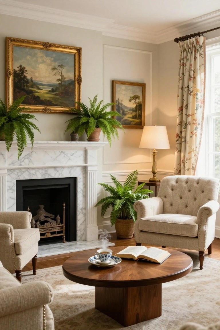 Fireplace Flanked by Ferns