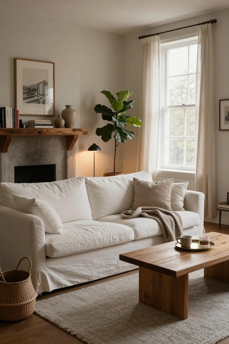 Light-filled living room with white linen-upholstered sofa, beige throw blanket, wooden coffee table holding teacup and saucer, large potted fiddle leaf fig plant beside stone fireplace with wooden mantel, sheer curtains on window, and woven basket on floor.