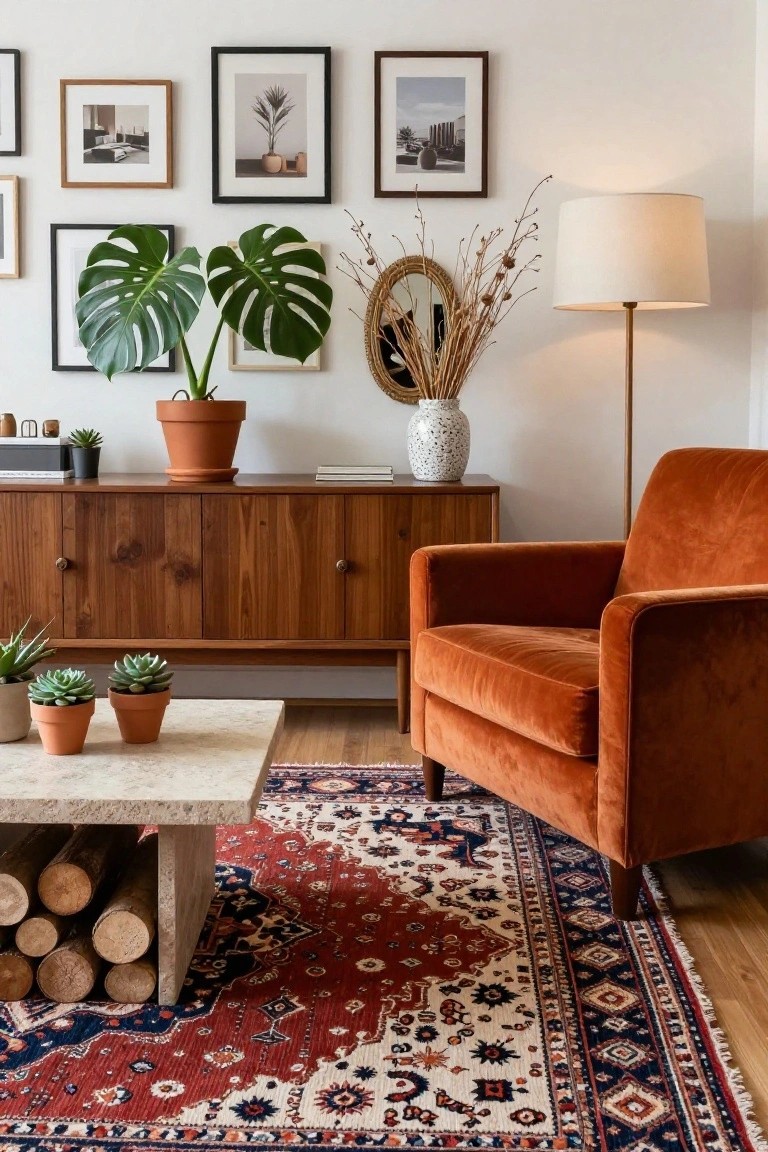 Living room interior with wooden credenza topped by small plants and books, flanked by two large potted monstera plants, orange velvet armchair, travertine coffee table holding succulents and firewood logs, colorful patterned rug, floor lamp, mirror, and wall art.