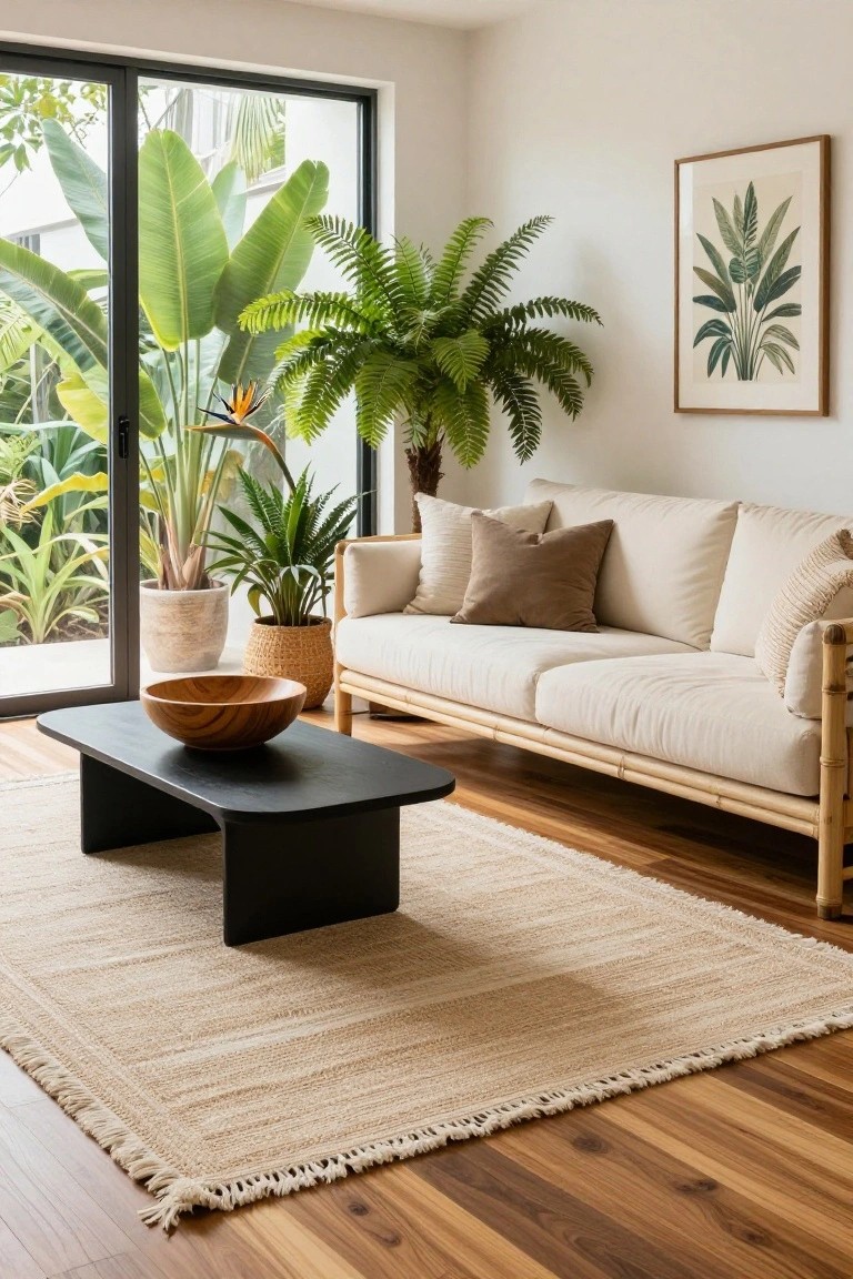A light beige rattan sofa with neutral cushions faces a low black coffee table holding a wooden bowl, surrounded by large potted tropical plants, with a sliding glass door opening to a green garden.