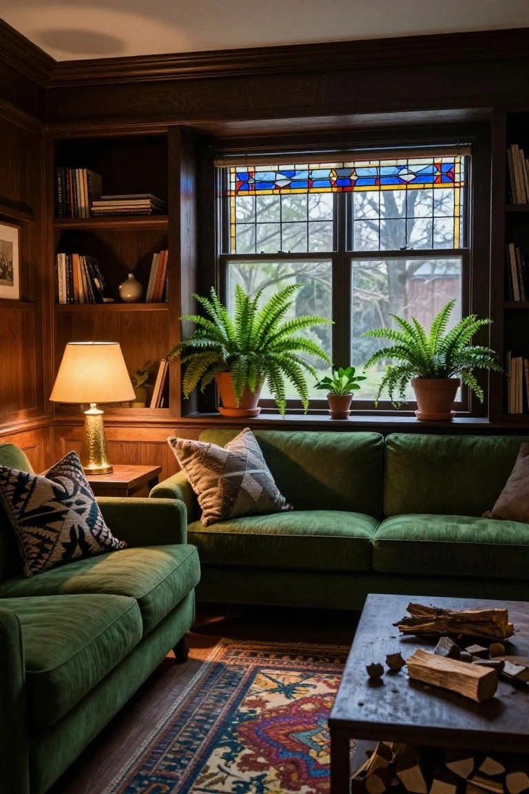 Wood-paneled living room corner with green velvet sofas and armchairs, bookshelves filled with books, large potted ferns on the window sill next to a stained glass panel, table lamp, and wooden coffee table holding firewood logs.