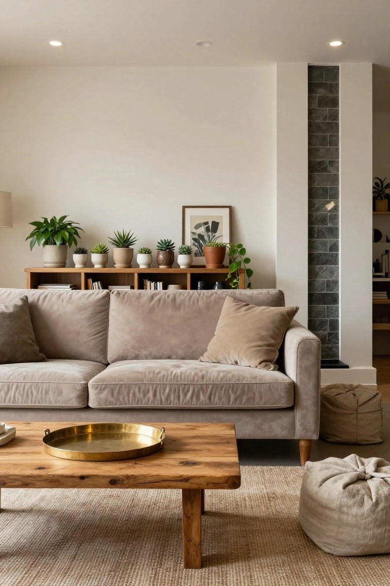 Beige velvet sofa in a light living room with wooden console table behind it holding various potted succulents and greenery, rustic wooden coffee table with brass tray, neutral rug, and ottoman pouf.