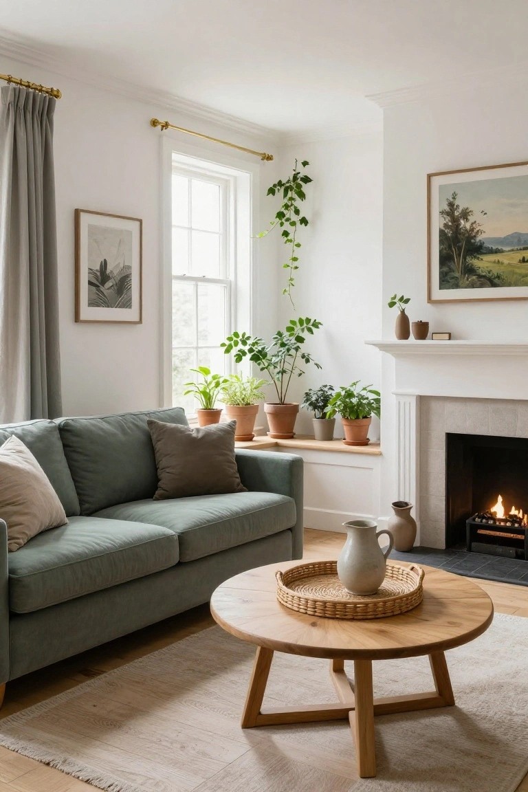 White living room with green sofa, round wooden coffee table on light rug, white fireplace with gas fire lit, multiple potted plants on mantel and adjacent shelf, large window with gray curtains, and framed artwork on walls.
