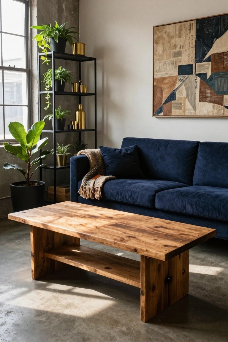 Sunlit industrial-style living room with navy blue velvet sofa, low wooden coffee table with shelf underneath, tall black metal shelving unit holding multiple potted plants, large floor plant in black pot, and abstract beige and blue wall art.