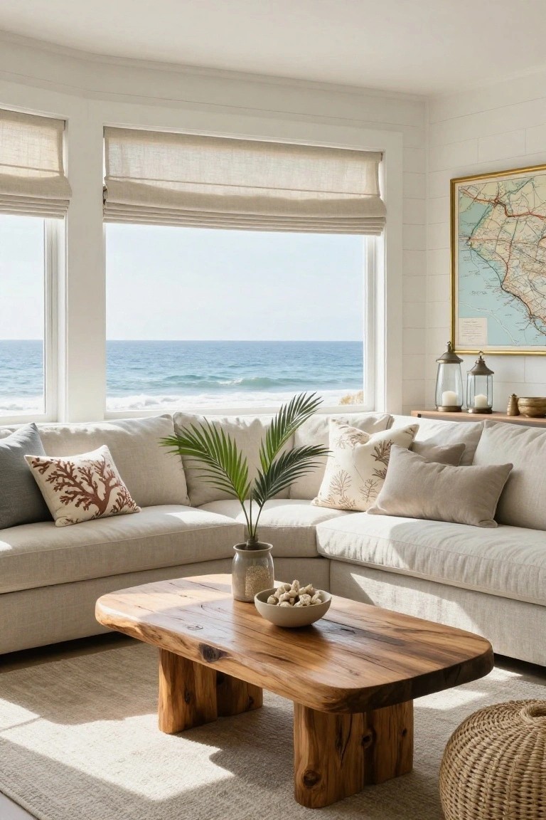 Light beige L-shaped sofa in a bright corner room with large windows showing ocean view, palm plant on sofa arm, ceramic vase on wooden coffee table with shells, neutral pillows, and woven pouf nearby.