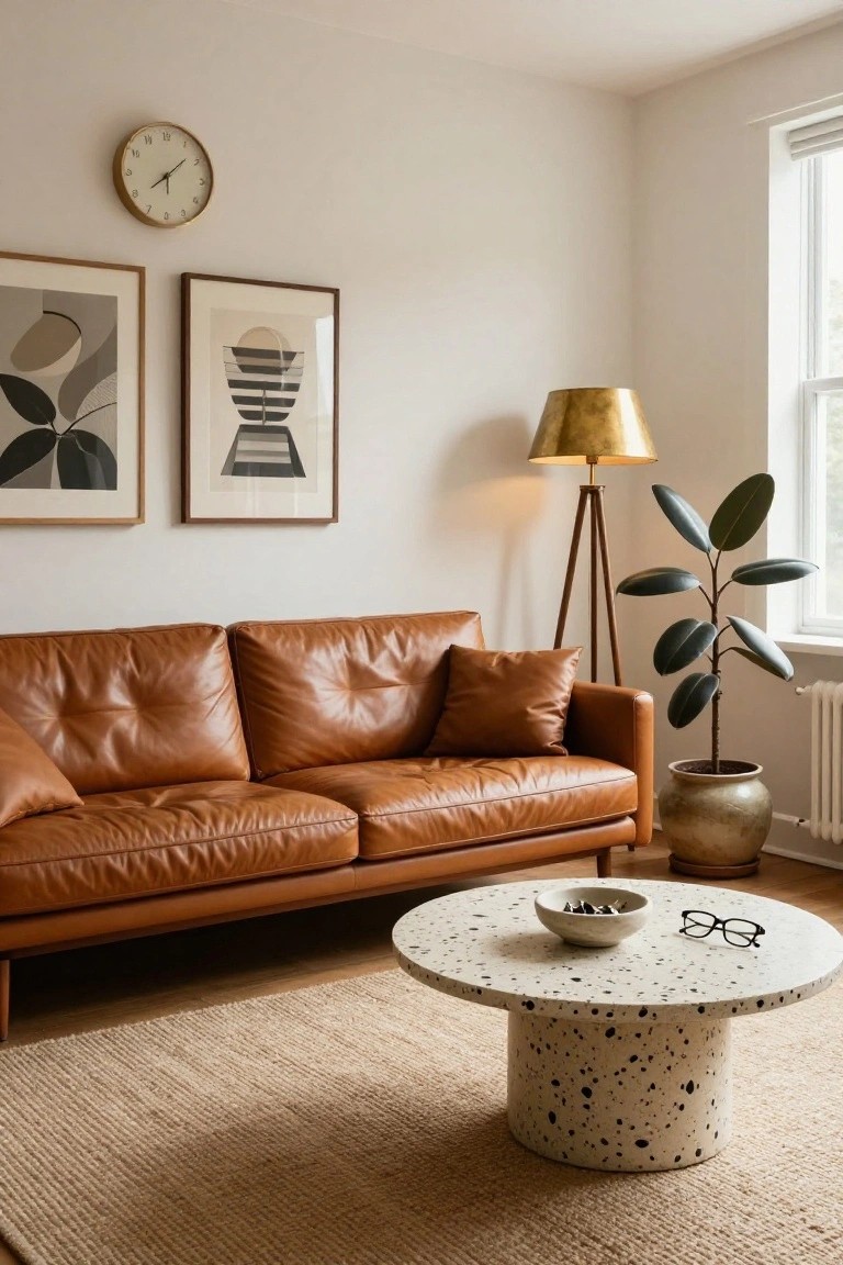 A living room corner with tan leather sofa, speckled white pedestal coffee table holding glasses and a bowl, gold tripod floor lamp, tall rubber plant in metal pot by window and radiator, two abstract framed prints and clock on white wall, beige rug on wood floor.