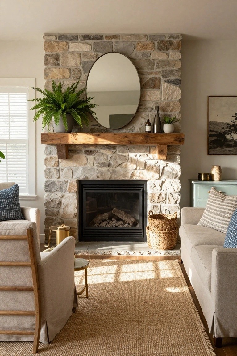 Living room with a tall stone fireplace topped by a wooden mantel holding a round mirror, potted fern plant, vases, and small succulent, with beige chairs, sofa, jute rug, and window nearby.