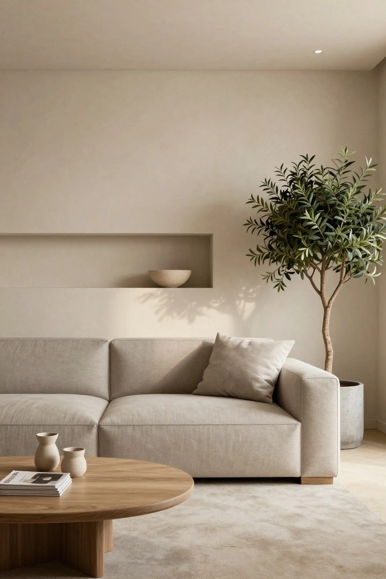 Modern beige living room with light gray L-shaped sofa, round oak coffee table holding stacked magazines and two ceramic vases, tall potted olive tree next to sofa, wall niche containing a white bowl, neutral rug and concrete pot.
