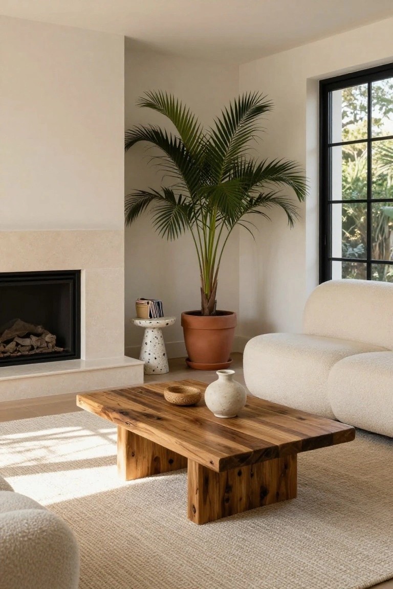 A bright living room corner featuring a tall potted palm plant next to a stone fireplace, with a creamy curved sofa, wooden coffee table, and neutral rug.