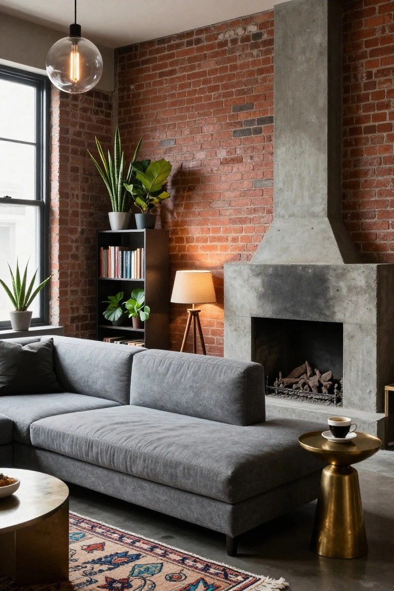 A cozy industrial living room with gray L-shaped sofa, concrete fireplace with fire burning, exposed brick wall, black bookshelves holding books and potted plants including snake plants and monstera, plants near black-framed window, brass coffee and side tables, and patterned rug on concrete floor.