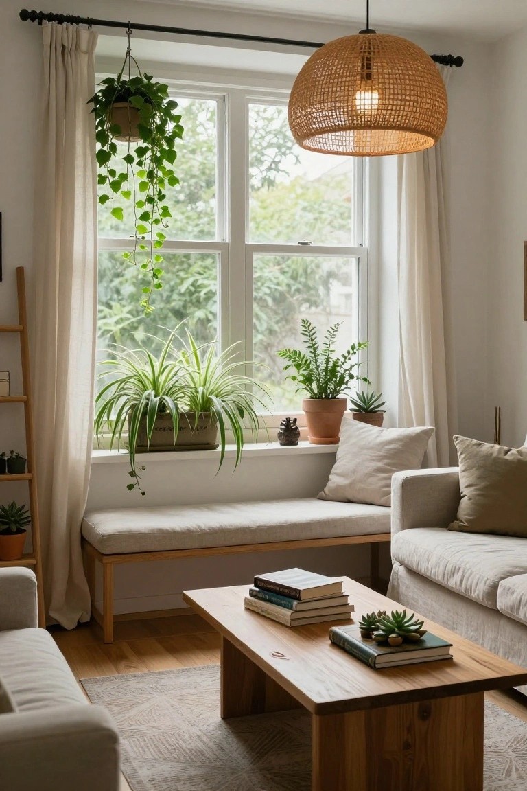 Bright living room interior with large window featuring sheer curtains, hanging and potted plants including spider plants and succulents, wooden bench seat below the window, beige sofa, wooden coffee table with stacked books and small plants, neutral toned rug and decor.