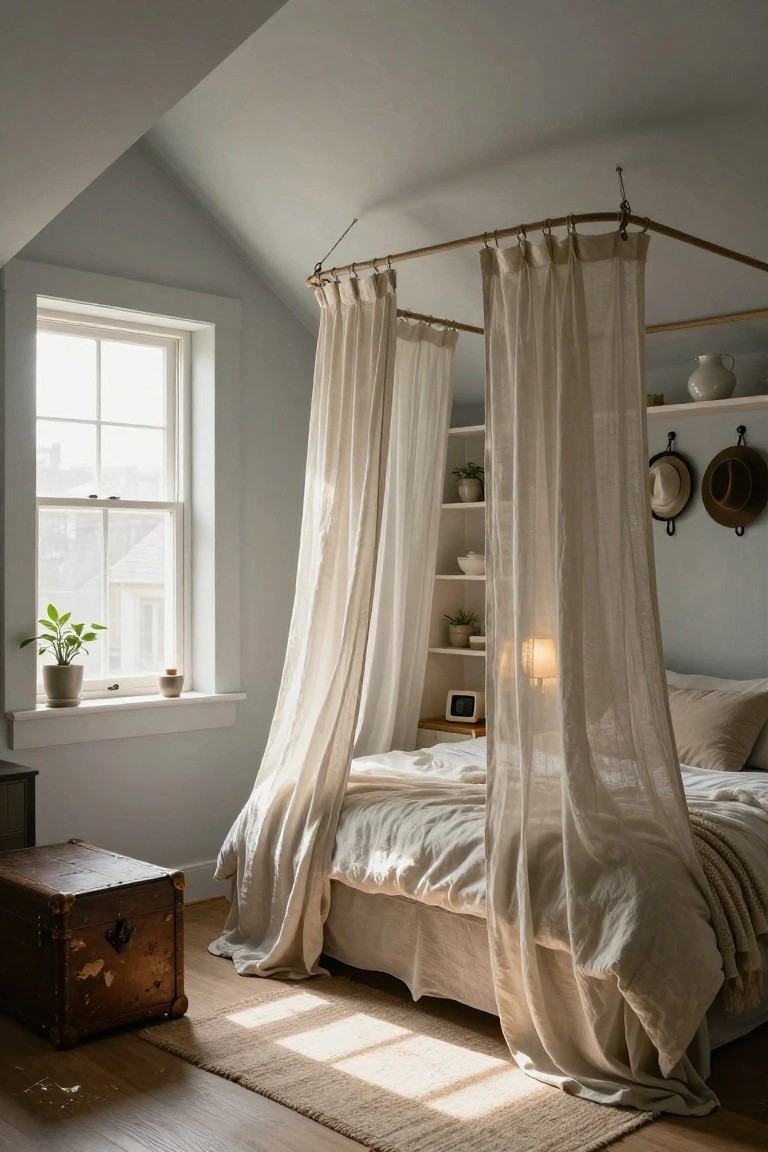 Loft bedroom under sloped light blue ceiling with white wooden-frame bed canopy draped in sheer beige curtains, king bed with white linens, window with plants, white shelves holding ceramics and hats, vintage trunk, and wooden floor.