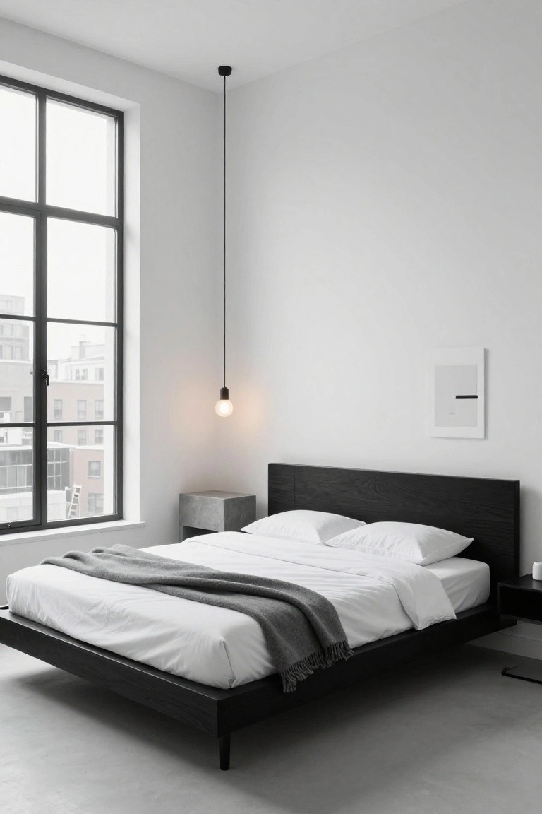 Minimalist loft bedroom featuring a low black wood platform bed with white bedding and gray throw, concrete side table, white walls, pendant light, and large black-framed windows overlooking brick buildings.