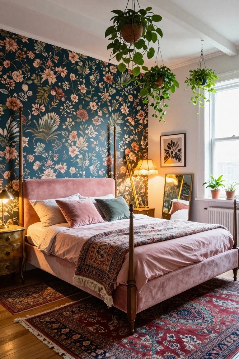 Loft bedroom with navy blue floral patterned wallpaper on one wall, pink upholstered four-poster bed, hanging potted plants, Persian-style rugs, brass lamps, and a window with radiator.