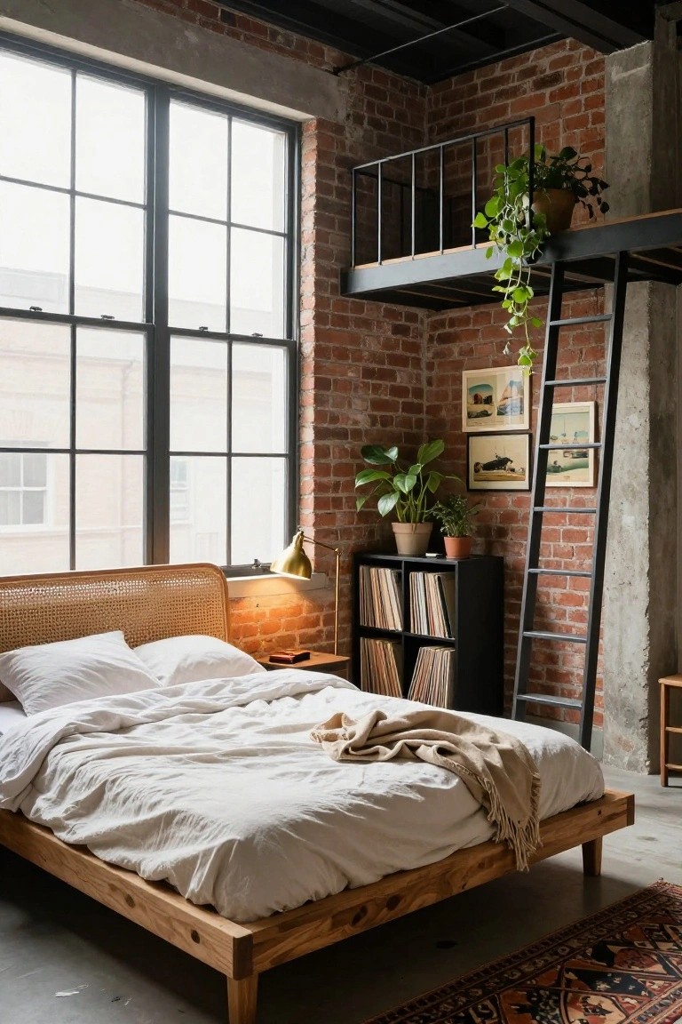 Exposed brick loft bedroom with large windows, wooden platform bed featuring rattan headboard and white bedding, black metal ladder to mezzanine with plants, vinyl record shelves, and wall art.