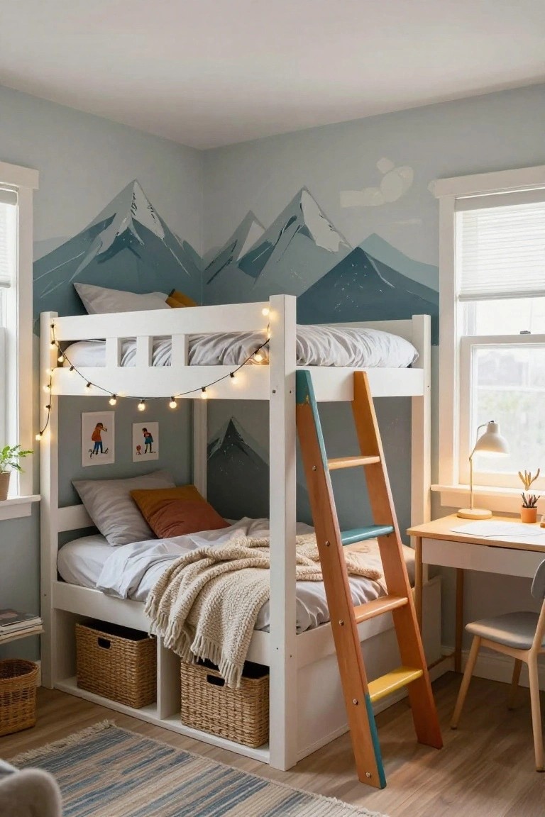A child's bedroom with a white loft bunk bed featuring an orange ladder, wicker storage baskets underneath, mountain mural on light blue walls, desk with lamp, and string lights.