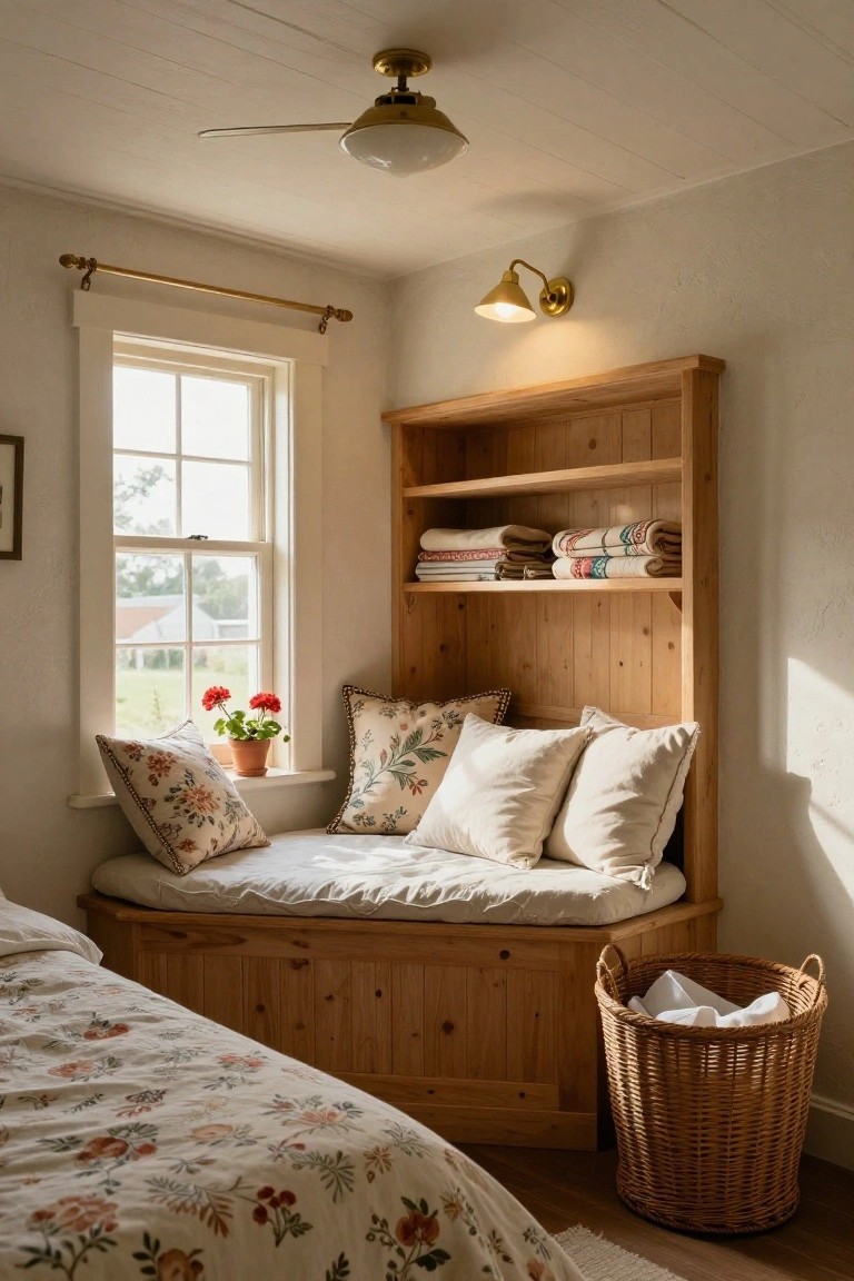 Wooden built-in window seat with shelves holding blankets and pillows in a light-colored bedroom corner, featuring a double-hung window with geranium plant on sill, adjacent bed with floral duvet, and wicker laundry basket nearby.