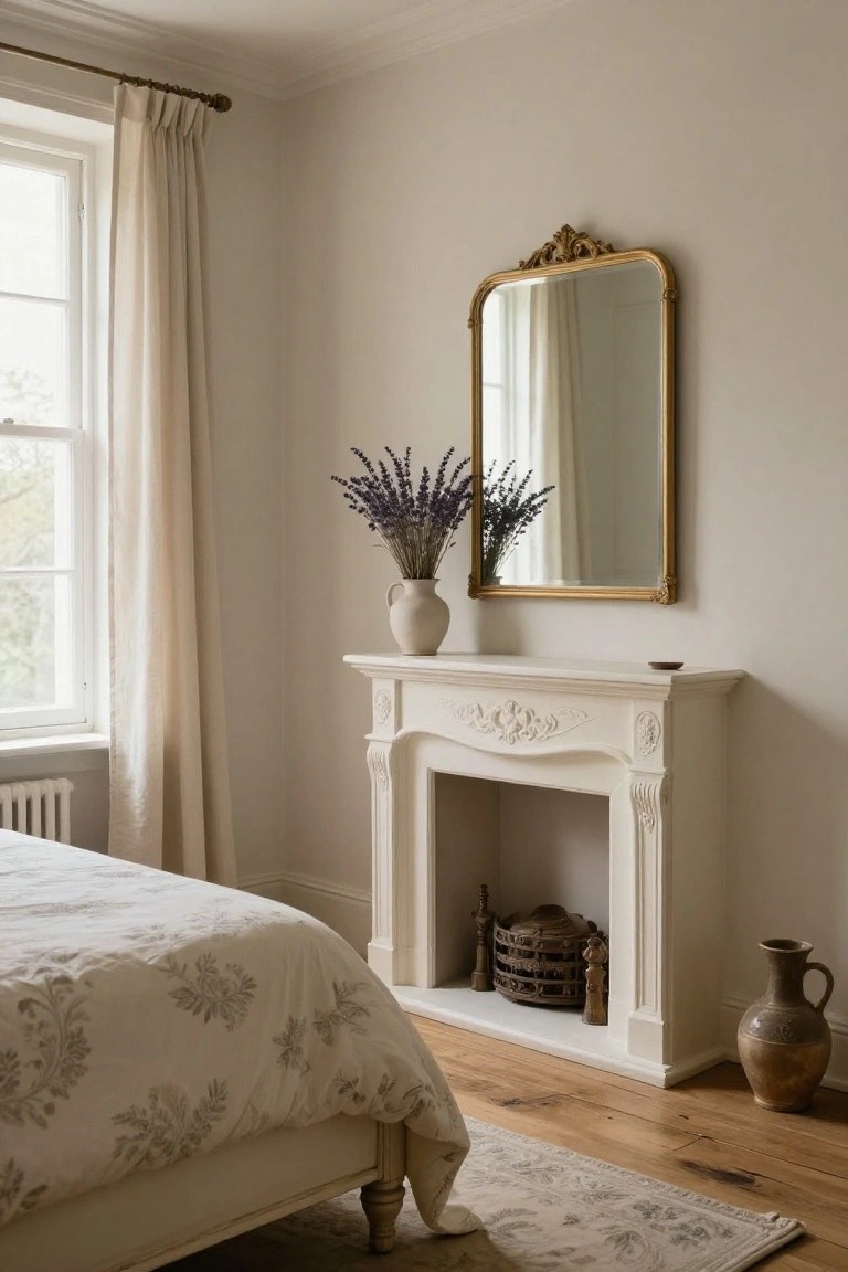 Corner of a beige-walled bedroom showing a white ornate fireplace mantel with dried lavender bouquet on top, gold arched mirror above, pottery inside the hearth, linen-draped window, and edge of a white embroidered bed.