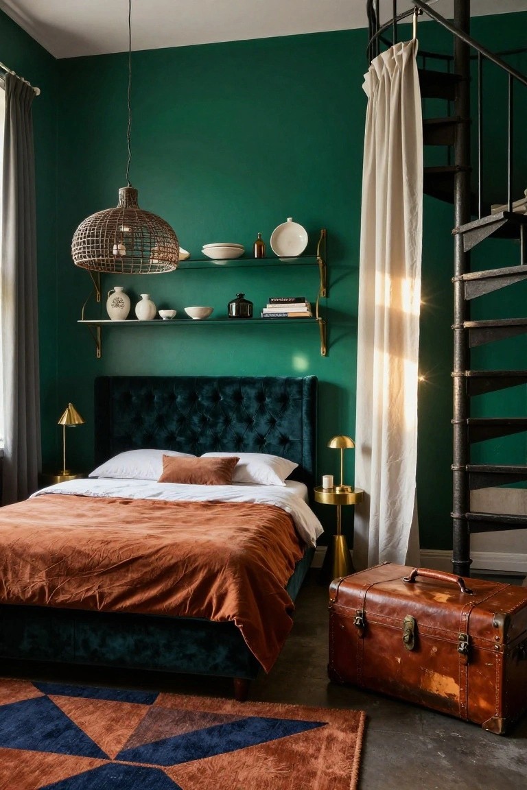 Loft bedroom with emerald green walls and tufted green velvet headboard, white sheets and rust orange bedding on bed, brass table lamps on nightstands, rattan pendant light overhead, floating shelves holding white ceramics and jars, white curtain on black metal spiral staircase, vintage brown leather suitcase on concrete floor, and navy blue and rust geometric rug.