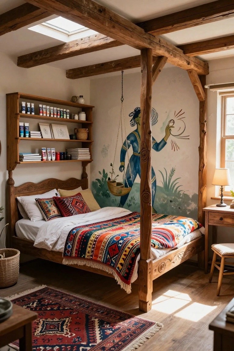 Loft bedroom with dark exposed wooden beams and posts supporting the ceiling, wooden shelves holding paint tubes books and jars, carved wooden four-poster bed draped in colorful quilt and pillows, blue mural of stylized figure on wall, desk lamp and plants.