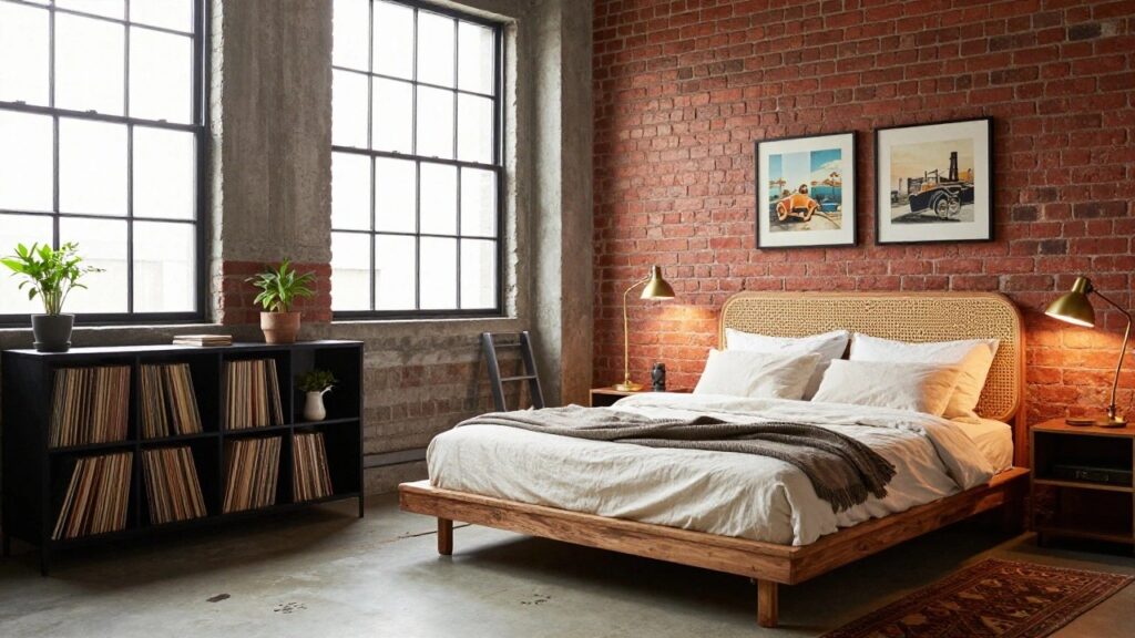Exposed brick loft bedroom with large windows, wooden platform bed featuring rattan headboard and white bedding, black metal ladder to mezzanine with plants, vinyl record shelves, and wall art.