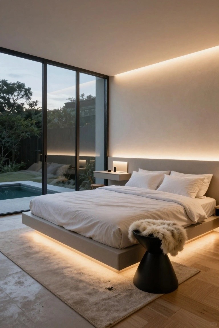Modern bedroom with floating platform bed lit by LED strips underneath, neutral walls and headboard with matching lighting, large floor-to-ceiling glass doors opening to pool and garden, white bedding, black stool with fur throw, and wood floors.