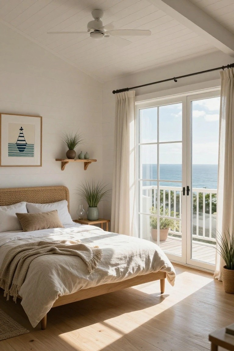 Bright loft bedroom featuring a rattan headboard bed with white linen bedding and throw, potted plants, wooden shelves with ceramics, boat artwork on wall, and large glass doors open to a white balcony railing overlooking the ocean.