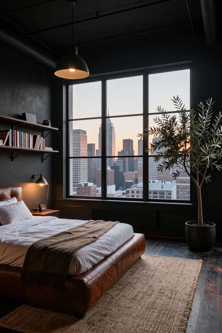 Industrial-style loft bedroom with dark textured walls, leather platform bed with white sheets and brown throw, bookshelves, desk lamp, olive tree in black pot, and large multi-pane windows showing city skyline at sunset.