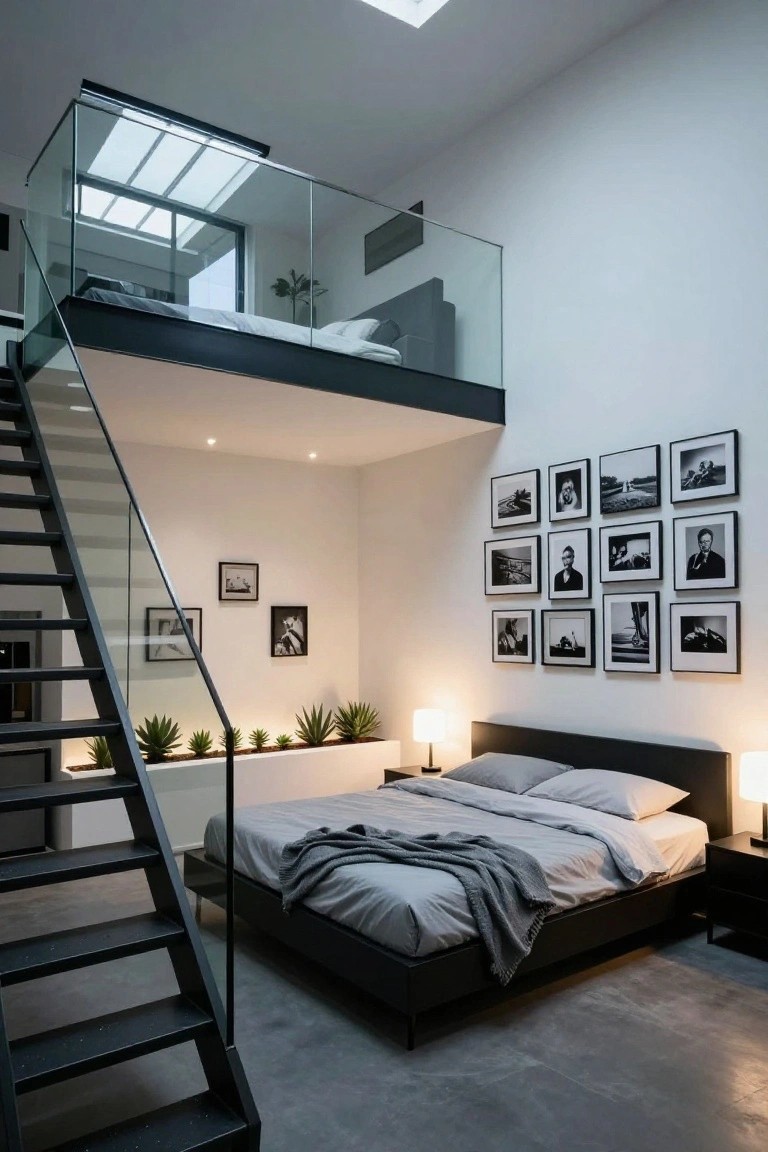 Modern loft bedroom interior with black metal and glass staircase leading to an upper glass-railed mezzanine platform, lower level king bed with gray linens, white walls with black-framed photos, potted plants, and polished concrete floor.
