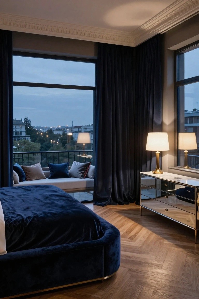 Loft bedroom with navy velvet upholstered bed, floor-to-ceiling windows overlooking cityscape and balcony with cushions, mirrored dresser, and lamps on wooden herringbone floor.
