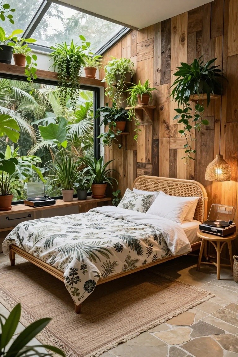 Cozy loft bedroom featuring rattan bed with leaf-patterned bedding, wood-paneled walls, numerous potted tropical plants on shelves and windowsills, skylight overhead, and large window with exterior greenery.