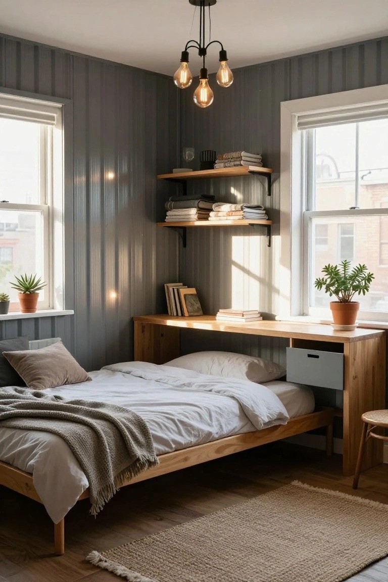 Corner of a loft bedroom featuring a wooden platform bed integrated with a desk and storage drawer, gray vertical plank walls, floating wooden shelves with books and linens, two potted plants on windowsills, and natural sunlight streaming through two windows.