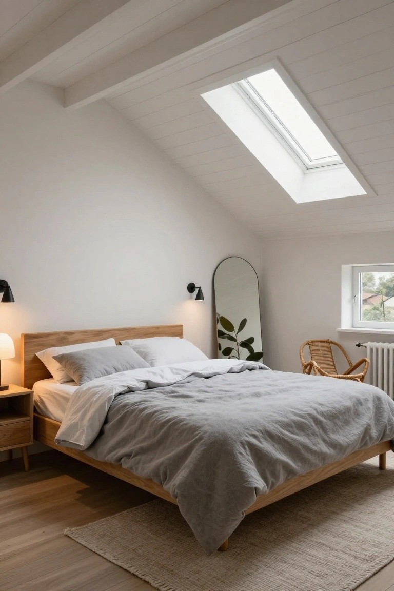 Loft bedroom with sloped white ceiling and skylight above wooden bed with gray linens, wooden nightstand with lamp, black wall sconces, arched mirror with plant, rattan chair by radiator, and light wood floors with rug.