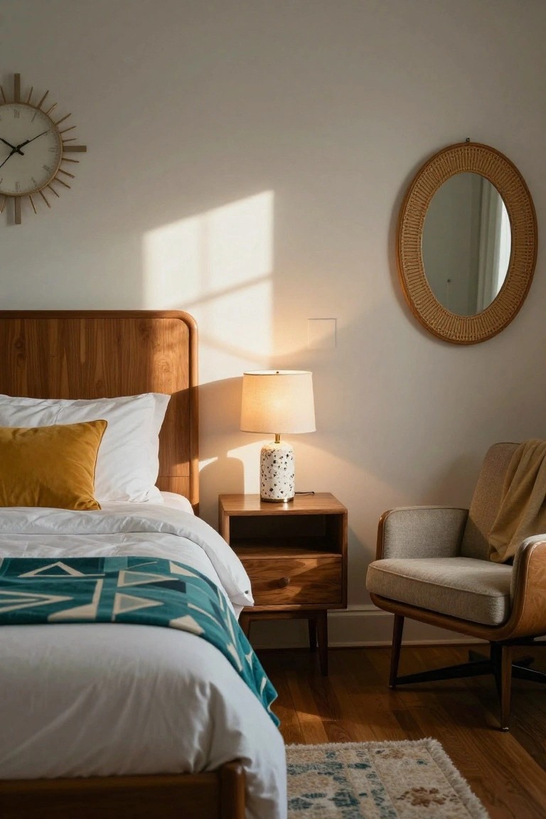 Sunlit bedroom with wooden bed frame and headboard, matching nightstand topped by ceramic lamp, rattan-framed mirror on wall, and upholstered armchair with throw beside a geometric teal bedspread on hardwood floors.