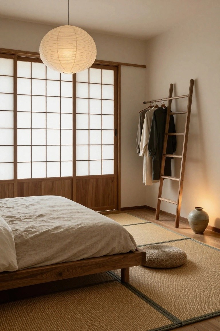 A minimalist bedroom with shoji sliding doors, a low wooden platform bed on tatami mats, a wooden ladder serving as a clothing rack with garments hanging on it, a paper lantern overhead, and a ceramic vase on the floor.