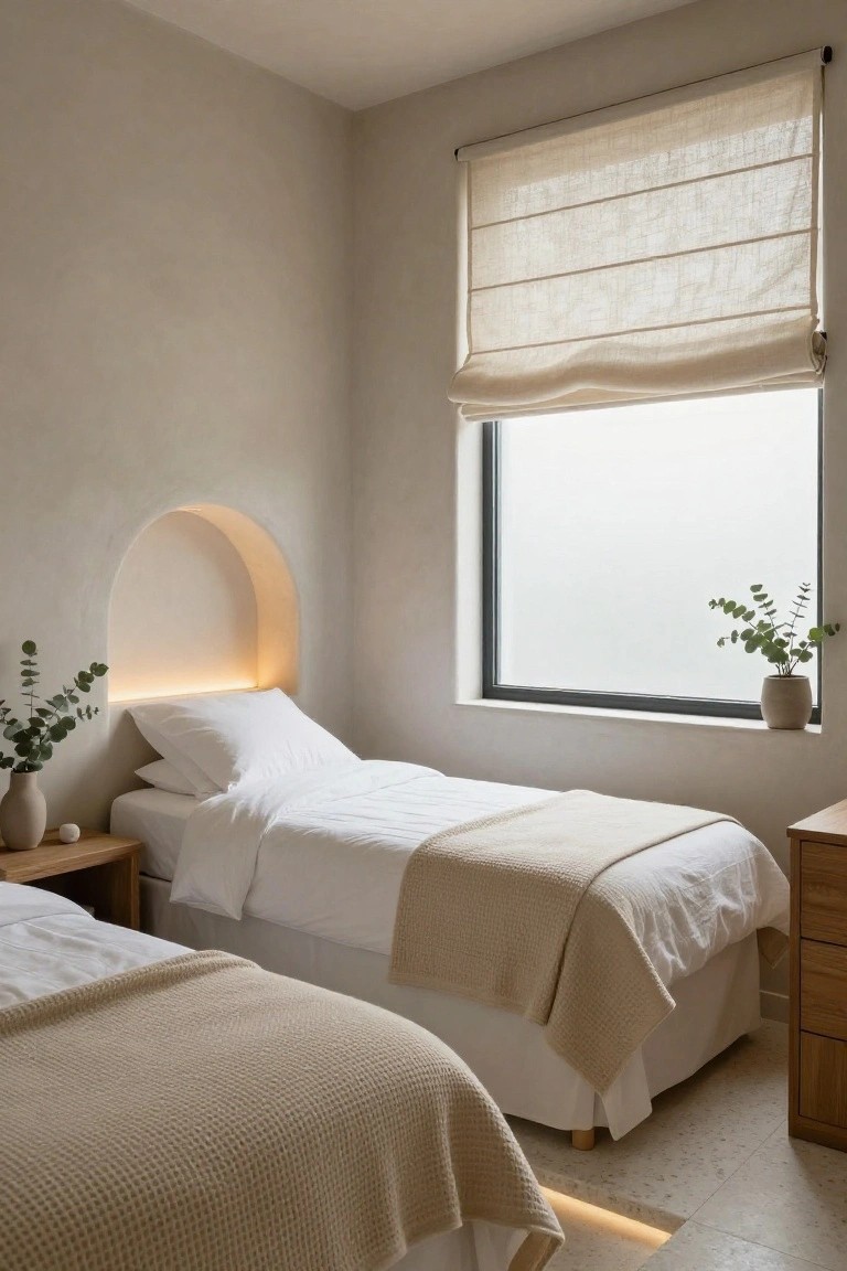 A small bedroom with two single beds covered in white duvets and beige knit throws, an arched wall niche above one bed holding eucalyptus branches with integrated warm lighting, a large window with white linen shade and potted eucalyptus, wooden nightstands, and beige plaster walls.