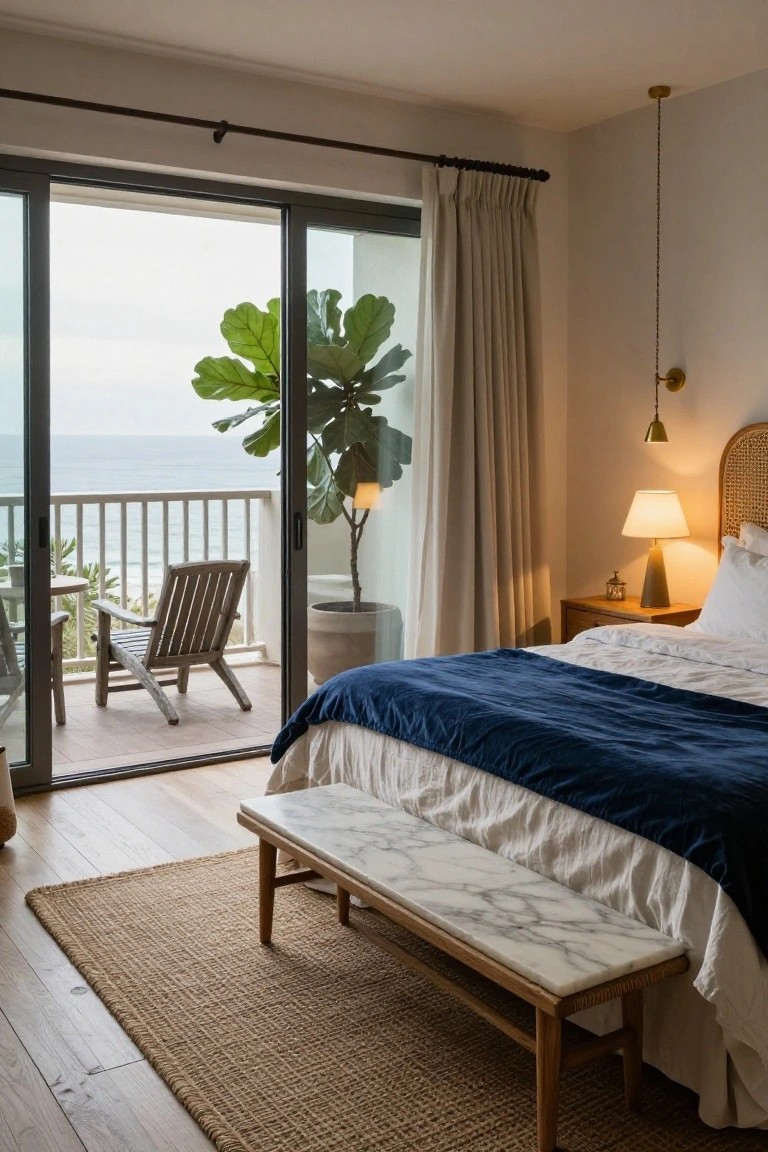 A bedroom with white walls, rattan headboard, navy duvet on the bed, marble-top bench at the foot, large potted fiddle leaf fig plant, and open sliding glass doors to a balcony with wooden chairs overlooking the ocean.