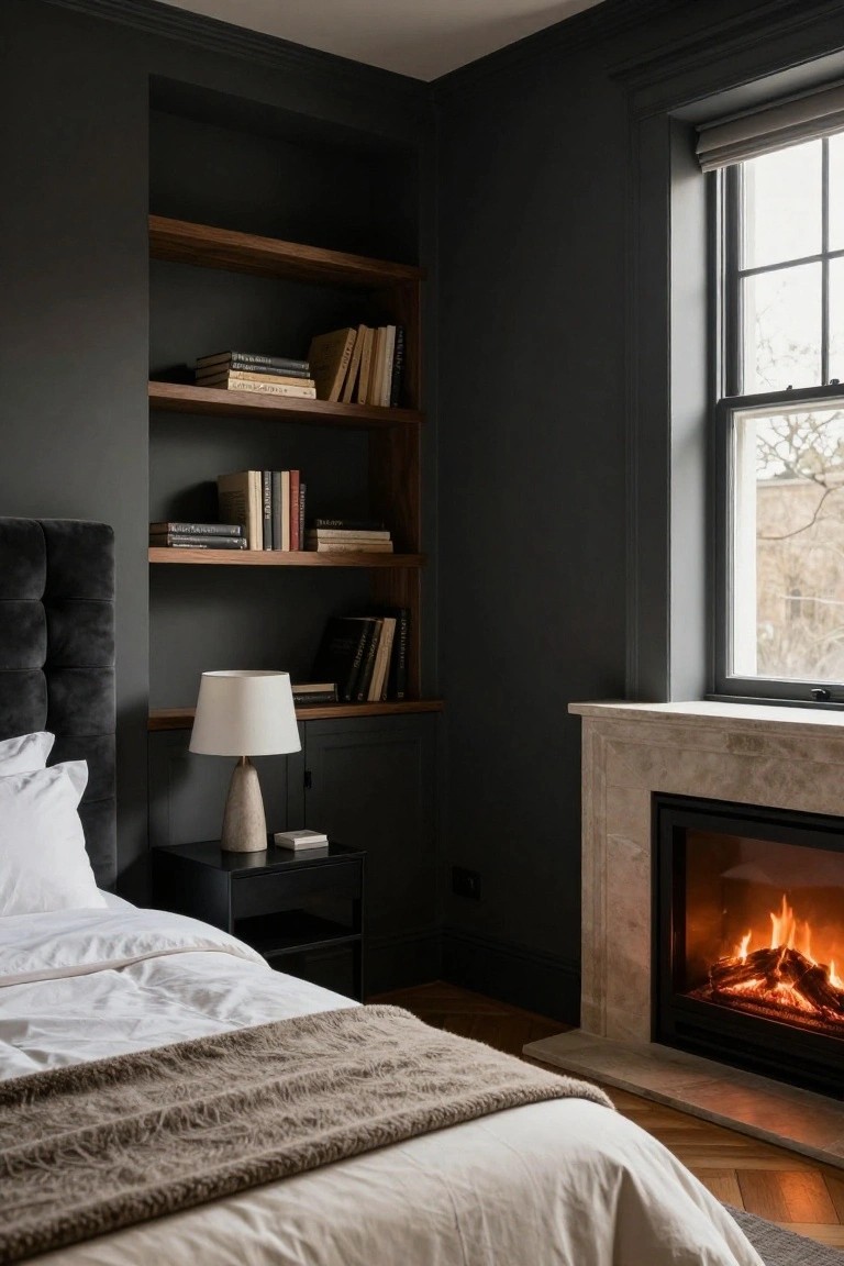 Dark charcoal walled bedroom corner featuring recessed wooden bookshelves with stacked books, tufted black velvet headboard bed with white linens, bedside table and lamp, cream stone fireplace with lit gas logs, and large window with blinds over parquet floor.