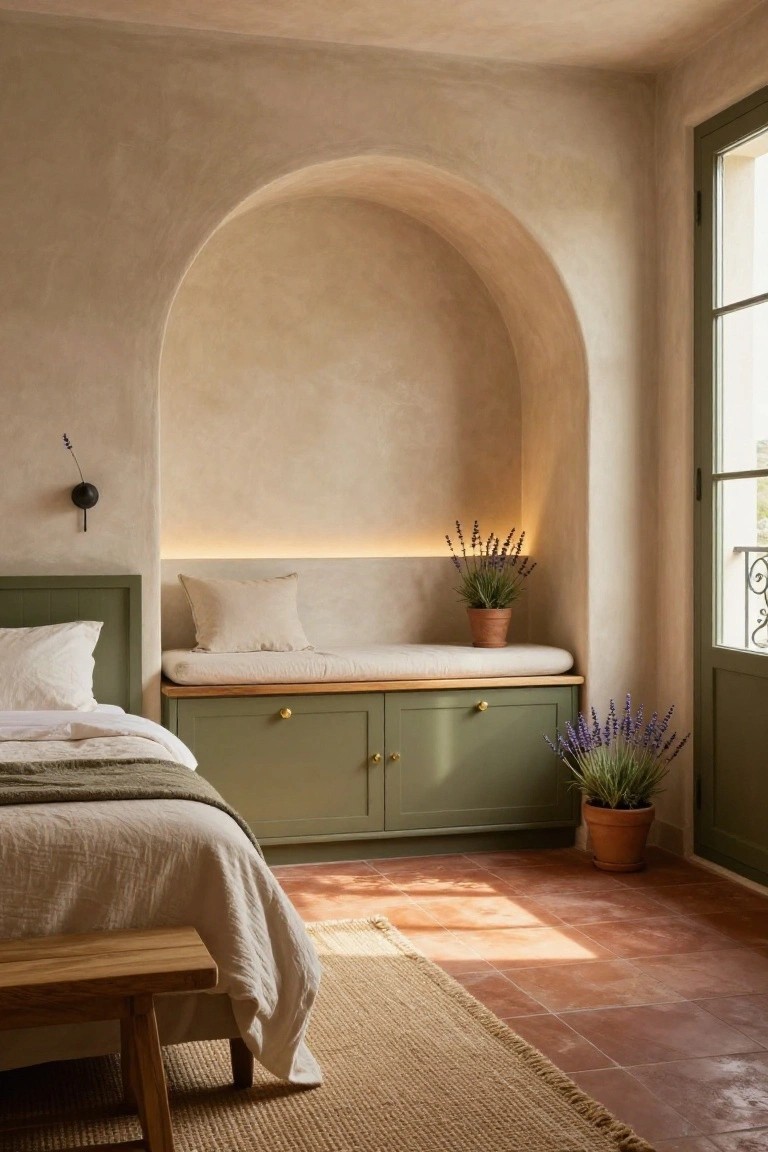 Bedroom corner with arched beige plaster niche containing cushioned bench on sage green storage cabinet with brass knobs, potted lavender plants, white linen bed with green headboard, wooden stool, seagrass rug, terracotta tile floor, and green French doors.