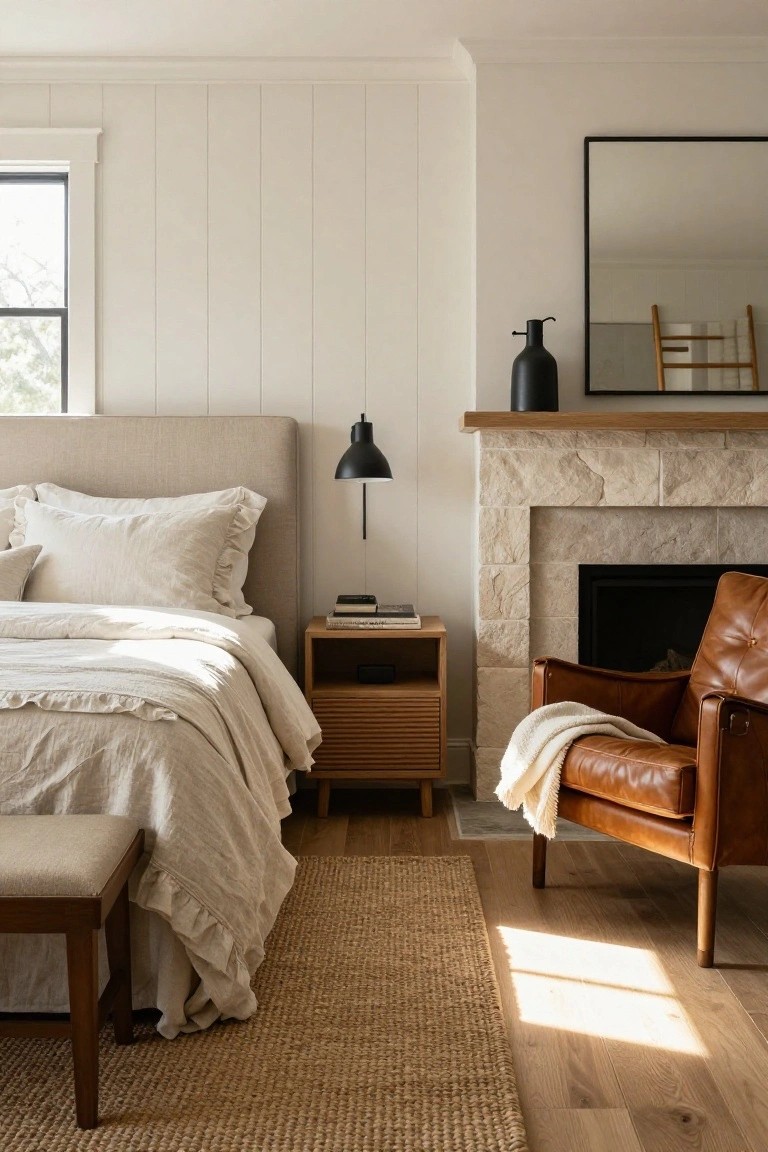 Bedroom with beige shiplap walls, upholstered bed in white linen bedding, wooden slatted nightstand, black lamp, stone fireplace, tan leather armchair with white throw blanket, seagrass rug, and bench at bed foot.