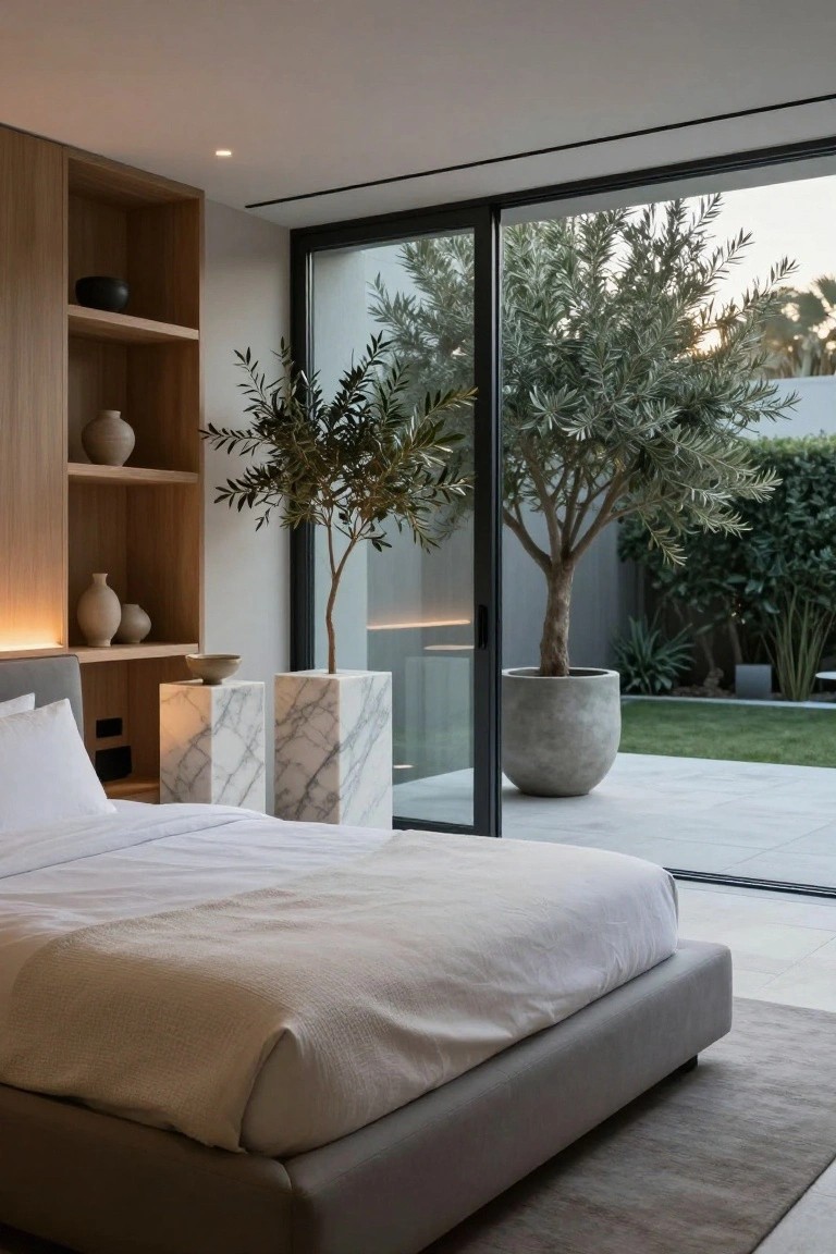 A modern bedroom with low white bed on gray platform, marble pedestals holding potted plants, wooden built-in shelves with ceramics, and large black-framed sliding glass doors open to a backyard garden featuring tall olive trees in concrete pots and green lawn.