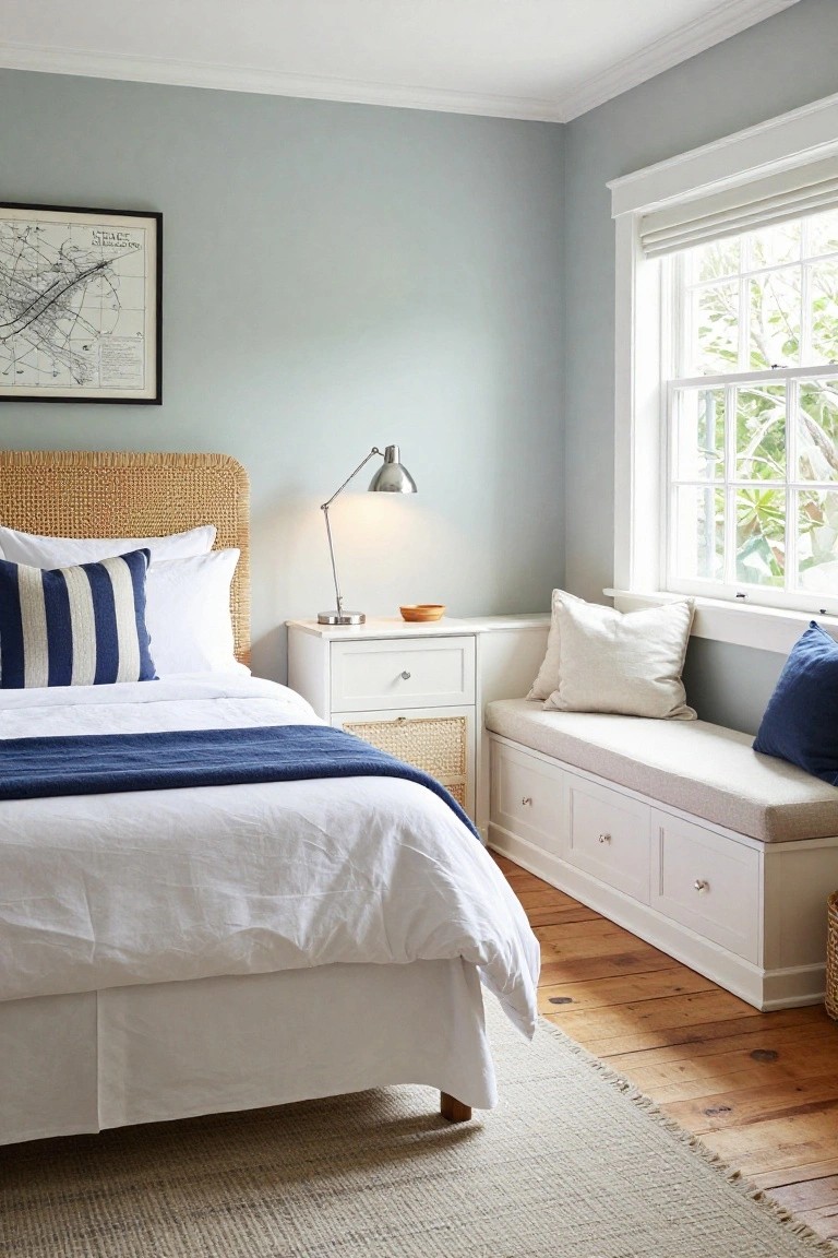 Light gray bedroom with rattan headboard on white bed draped in navy throw, white nightstand with lamp, built-in white window bench with beige cushions and pillows, hardwood floors, and jute rug.