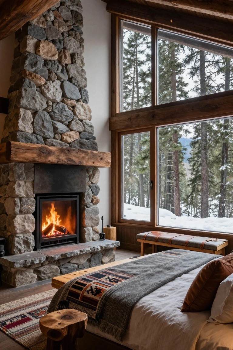 Bedroom interior with tall stone fireplace, burning fire, wooden bed draped in blankets and pillows, bench, side table, rug, and large windows showing snowy pine forest.