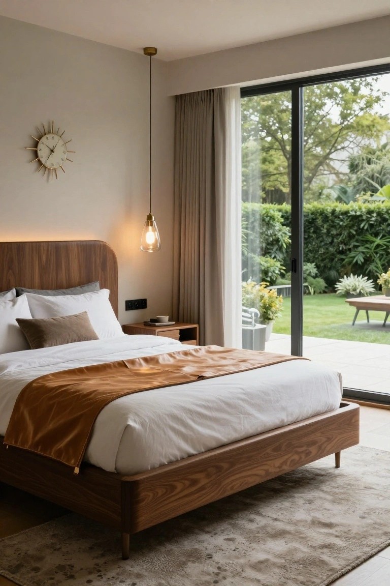 Modern bedroom interior with low wooden bed frame, white bedding topped by orange throw, nightstand with cup, wall clock, pendant light, and large sliding glass doors showing garden hedges, plants, bench, and lawn.